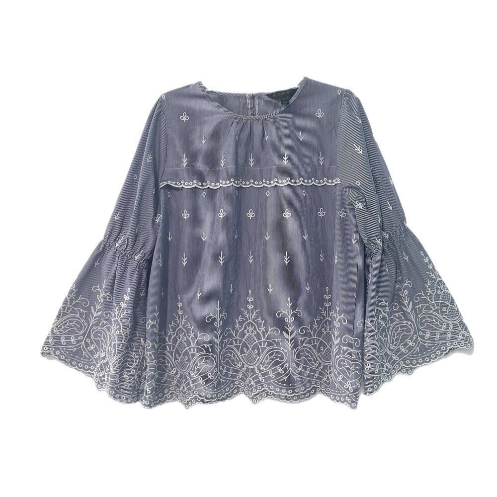 J Crew Women’s Bell Sleeve Embroidered Blouse In Striped Poplin Blue White Small